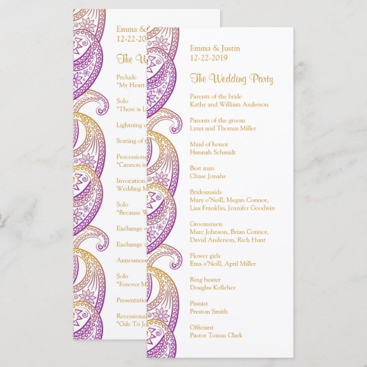 Lila und Gold Indian Paisley Rackcard Programm (Vorne/Hinten)