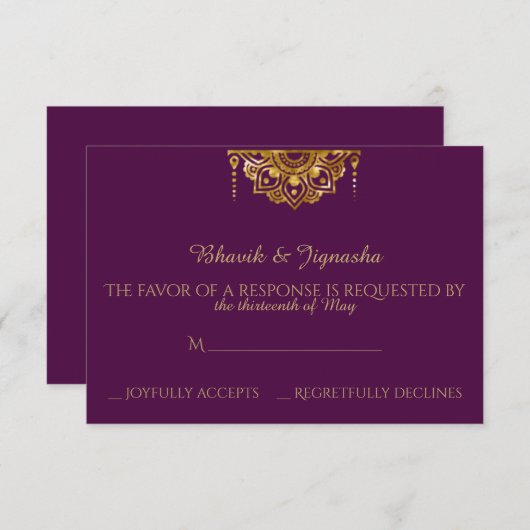 Lila und Gold Indian Wedding Response Card RSVP Karte (Vorne/Hinten)