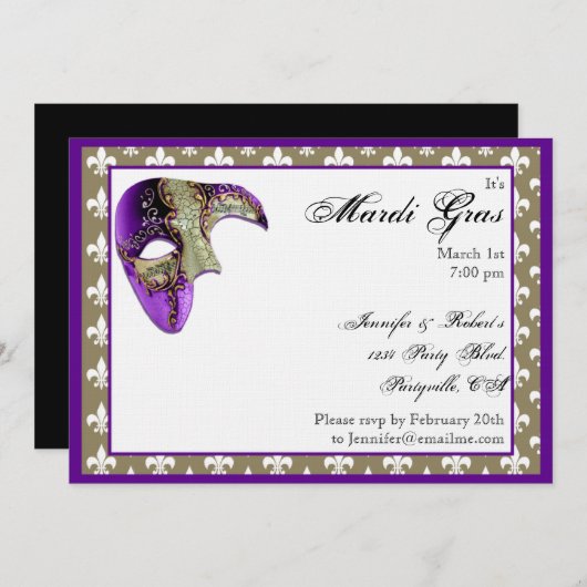 Lila und Gold Lilie Mask Mardi Gras Party Einladung (Vorne/Hinten)