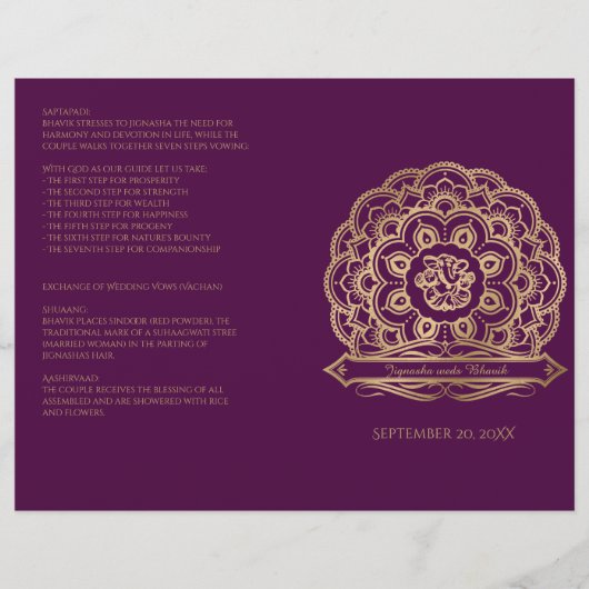 Lila und Gold Mandala Hindu Hochzeitsprogramm (Vorderseite)