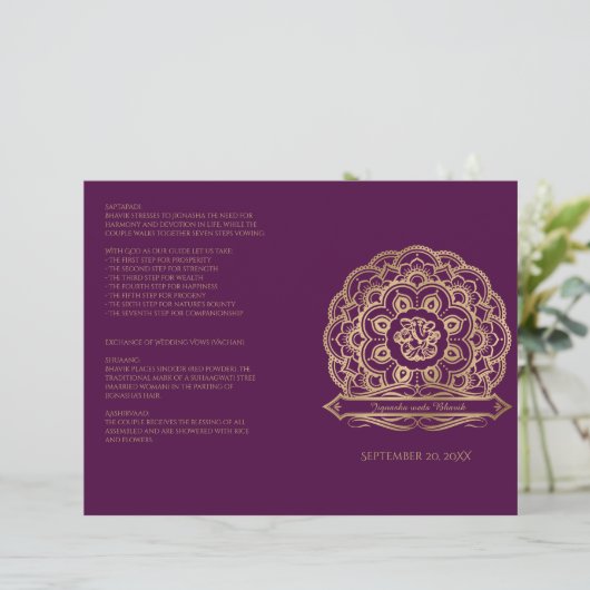 Lila und Gold Mandala Hindu Hochzeitsprogramm (Stehend Vorderseite)
