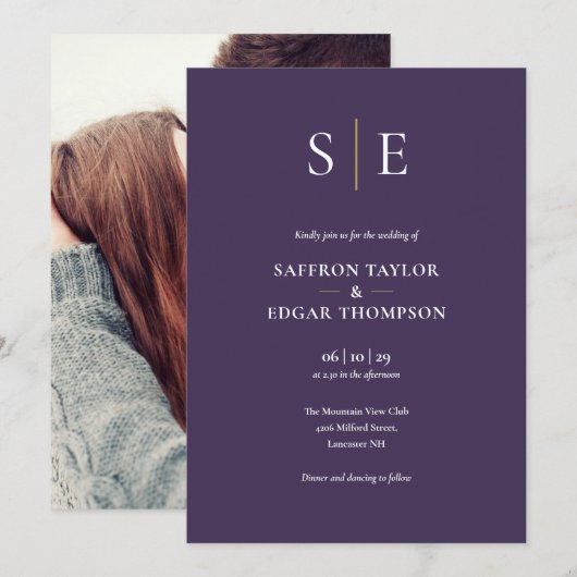 Lila und Gold Monogram Foto Hochzeit Einladung (Vorne/Hinten)