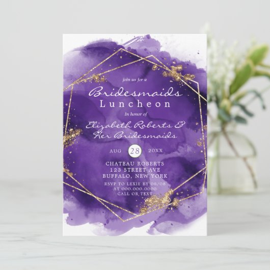 Lila und Gold Paint Bridesmaids Luncheon Einladung (Stehend Vorderseite)