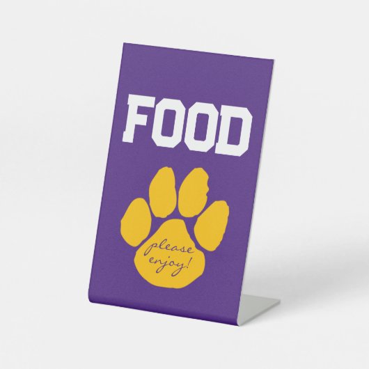 Lila und Gold Pawprint Food Table Abschluss Sockelschild (Vorderseite)