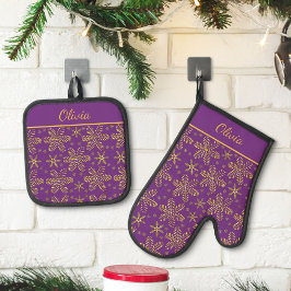 Lila und Gold Personalisiert Ofenhandschuh & Topflappen-Set