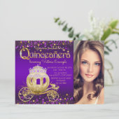 Lila und Gold Princess Foto Quinceanera Einladung (Stehend Vorderseite)