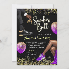 Lila und Gold Sneaker Ball Sweet 16 Geburtstag Einladung