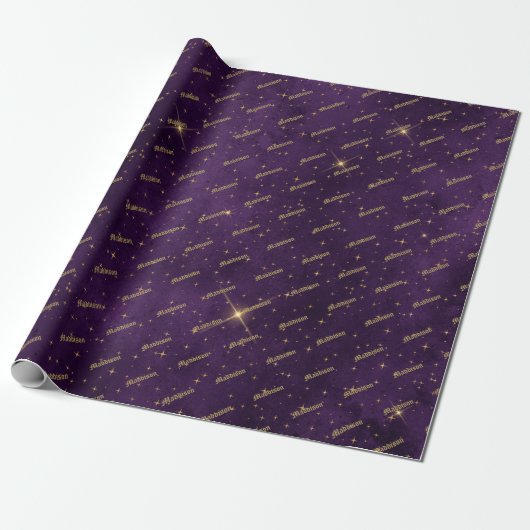Lila und Gold Star Wrapping Paper Geschenkpapier (Ungerollt)