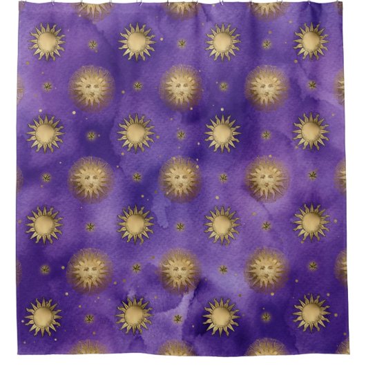 Lila und Gold Sun Celestial Duschvorhang (Vorderseite)