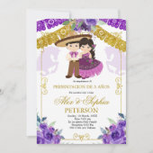 Lila und Gold Twin Tres Anos Einladung (Vorderseite)