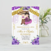 Lila und Gold Twin Tres Anos Einladung (Stehend Vorderseite)