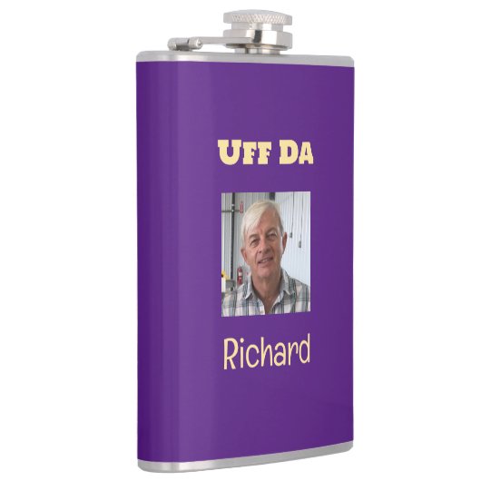 Lila und Gold Uff Da Custom Foto Flask Flachmann (Rechts)