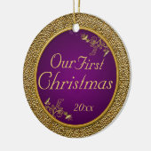 Lila und Gold "unser erstes Weihnachts" Verzierung Keramik Ornament (Links)