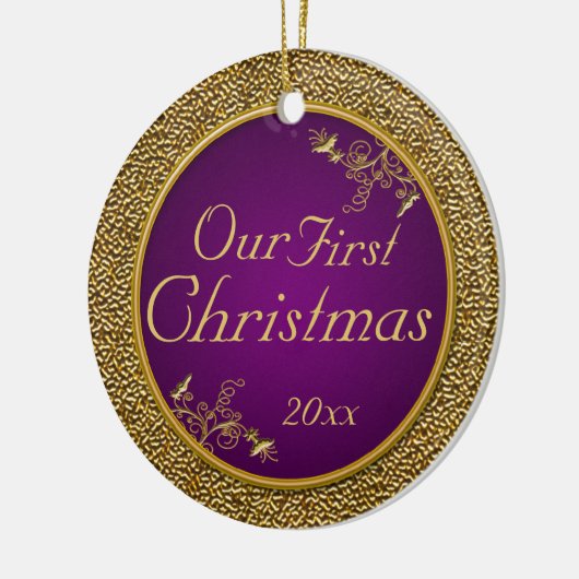 Lila und Gold "unser erstes Weihnachts" Verzierung Keramik Ornament (Links)