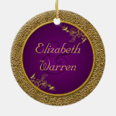 Lila und Gold "unser erstes Weihnachts" Verzierung Keramik Ornament (Hinten)