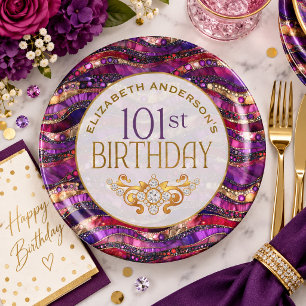 Lila und Gold verzierte Strata 101. Geburtstag Pappteller