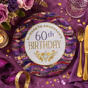 Lila und Gold verzierte Strata 60. Geburtstag Pappteller
