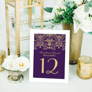 Lila und Gold Vintage Glamour Hochzeitsmonogramm Tischnummer