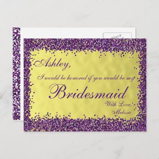 Lila und Gold - Werden Sie meine Bridesmaid? Einladungspostkarte (Vorne/Hinten)