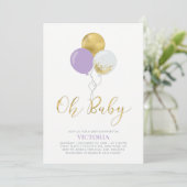 Lila- und Goldballons | Oh Baby Girl Baby Dusche Einladung (Stehend Vorderseite)