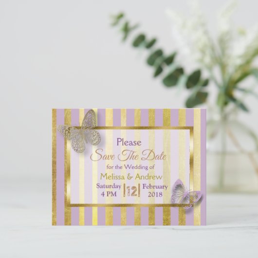 Lila und Goldbarmherzige Save the Date Postkarten (Stehend Vorderseite)