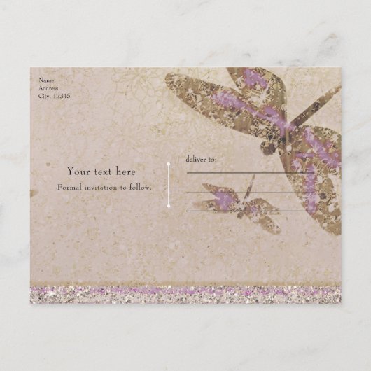 Lila- und Golddrachenfliege Save the Date Ankündigungspostkarte (Rückseite)