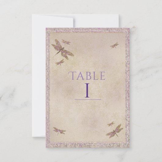 Lila und Golddrachenfliegen-Tischnummer Einladung (Vorderseite)