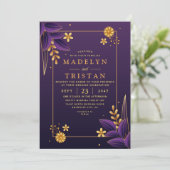 Lila und goldene Ästhetik Foto Hochzeit Einladung (Stehend Vorderseite)