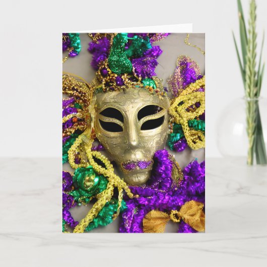 Lila und goldene Beads Masquerade Mardi Gras Karte (Vorderseite)