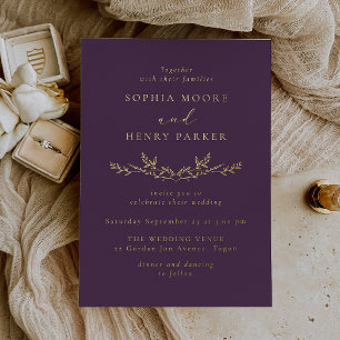 Lila und goldene Blätter Hochzeit Folieneinladung