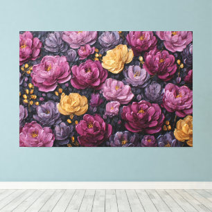 Lila und goldene blühende Blumen – Abstrakte Wand  Leinwanddruck