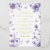 Lila und goldene Blumen-Hochzeit Folieneinladung (Vorderseite)