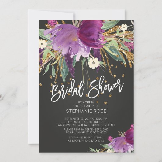 Lila und goldene Blumendusche Einladung (Vorderseite)