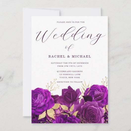 Lila und goldene Blumenhochzeit Einladung (Vorderseite)