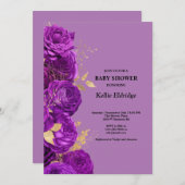 Lila und goldene Blütendusche Einladung (Vorne/Hinten)