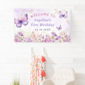 Lila und goldene Blütenschmetterlinge 1. Geburtsta Banner (Insitu)