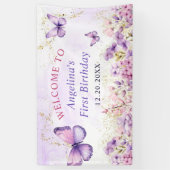 Lila und goldene Blütenschmetterlinge 1. Geburtsta Banner (Vertikal)