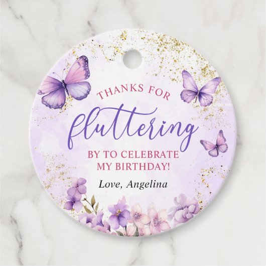 Lila und goldene Blütenschmetterlinge 1. Geburtsta Geschenkanhänger (Vorderseite)