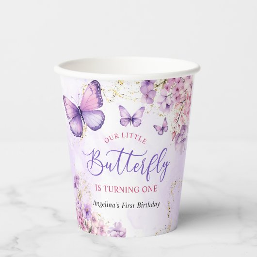 Lila und goldene Blütenschmetterlinge 1. Geburtsta Pappbecher (Vorderseite)
