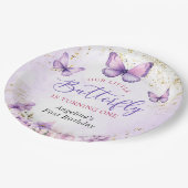 Lila und goldene Blütenschmetterlinge 1. Geburtsta Pappteller (Schrägansicht)