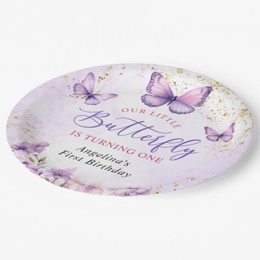 Lila und goldene Blütenschmetterlinge 1. Geburtsta Pappteller (Schrägansicht)