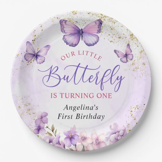 Lila und goldene Blütenschmetterlinge 1. Geburtsta Pappteller (Vorderseite)