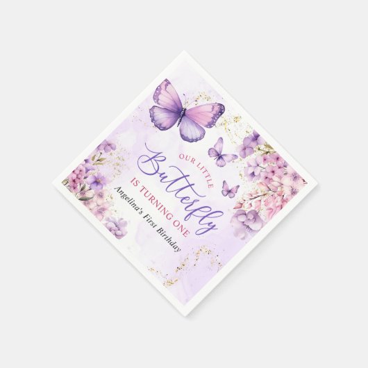 Lila und goldene Blütenschmetterlinge 1. Geburtsta Serviette (Ecke)