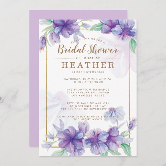 Lila und goldene Brautdusche Einladung (Vorne/Hinten)