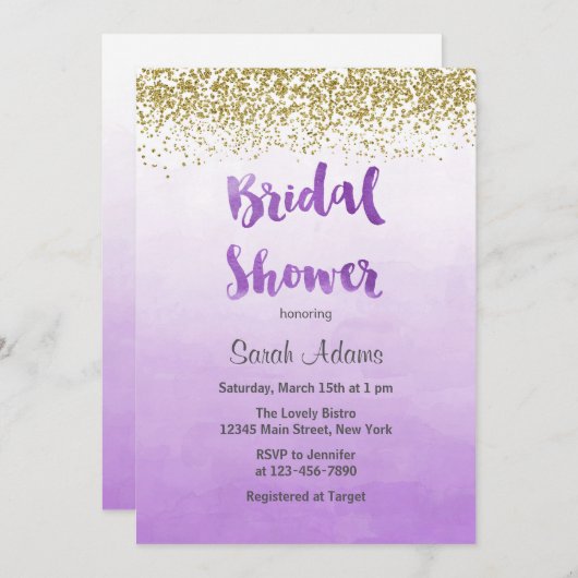 Lila und goldene Brautdusche Einladung (Vorne/Hinten)