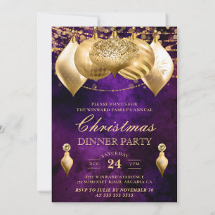 Lila und Goldene Christbaumkugeln Weihnachtsdinner Einladung