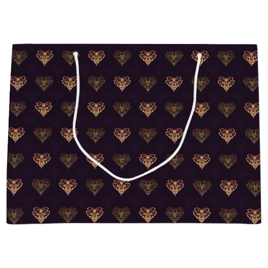 Lila und goldene dekorative Herzen Gemustert Große Geschenktüte (Vorderseite)