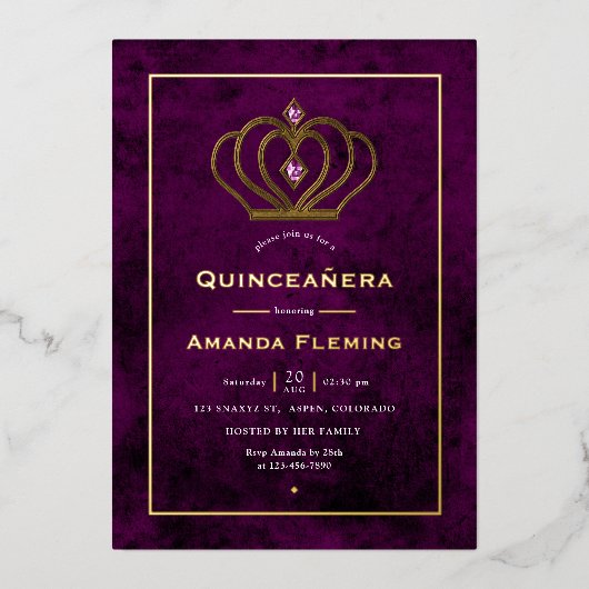 Lila und goldene Edelsteinkrone Quinceañera Folieneinladung (Vorderseite)