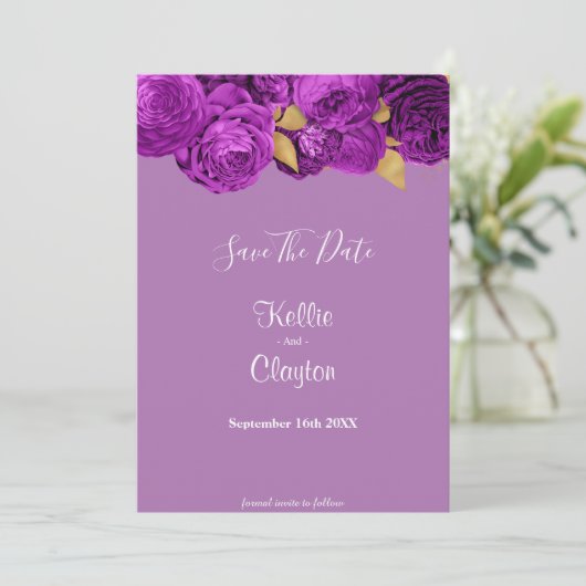 Lila und goldene Flora Save the Date (Stehend Vorderseite)