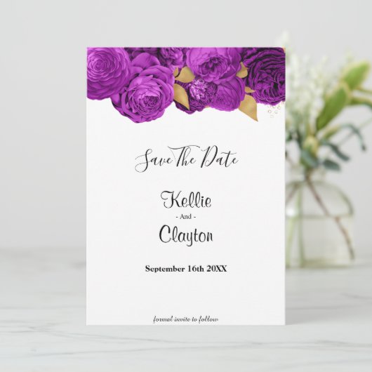 Lila und goldene Flora Save the Date (Stehend Vorderseite)